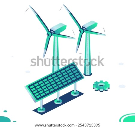 Isometric two wind power plants and solar panel isolated on white background. Generation of clean green energy. Wind turbines. Objects. Vector illustration.