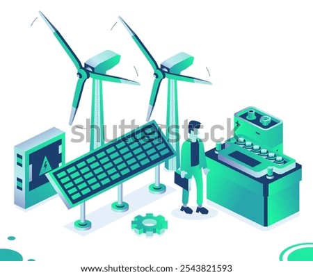 Isometric two wind turbines, solar panel, car accumulator and 9v battery isolated on white background. Generation of clean green energy. Vector illustration. Nine volt battery.