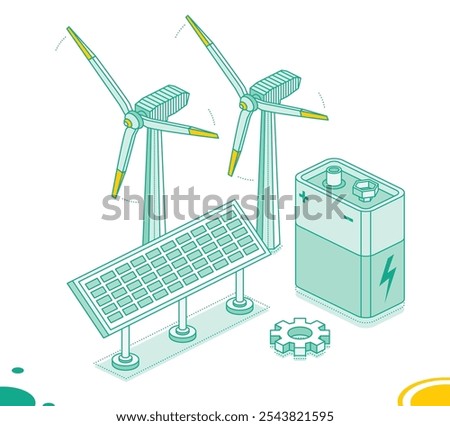 Isometric two wind power plants, solar panel and 9v battery isolated on white background. Generation of clean green energy. Wind turbines. Outline objects. Vector illustration. Nine volt battery.