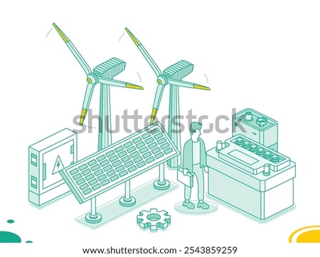 Isometric two wind turbines, solar panel, car accumulator and 9v battery isolated on white background. Generation of clean green energy. Outline objects. Vector illustration. Nine volt battery.