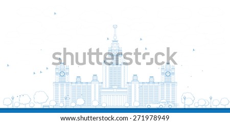 Outline MGU. Moscow State University, Moscow, Russia. Vector illustration with cars. Business travel and tourism concept with historic building