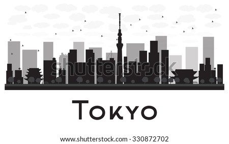 Tokyo City skyline black and white silhouette. Vector illustration. Simple flat concept for tourism presentation, banner, placard or web site. Business travel concept. Cityscape with famous landmarks