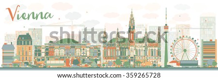 Abstract Vienna skyline with color landmarks. Vector illustration. Business travel and tourism concept with historic buildings. Image for presentation, banner, placard and web site.