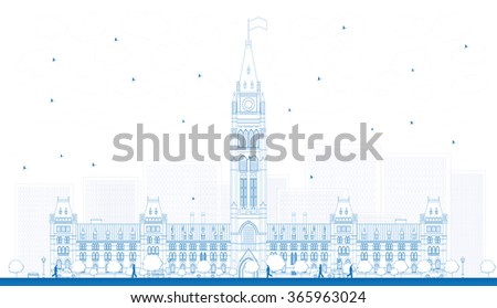 Outline Parliament Building in Ottawa, Canada. Vector illustration. Business Travel and Tourism Concept with Historic Building. Image for Presentation Banner Placard and Web Site.
