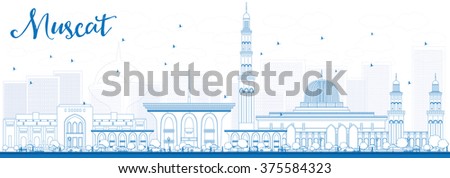 Outline Muscat Skyline with Blue Buildings. Vector illustration. Business Travel and Tourism Concept with Historic Buildings. Image for Presentation Banner Placard and Web Site.