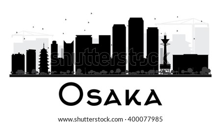 Osaka City skyline black and white silhouette. Vector illustration. Simple flat concept for tourism presentation, banner, placard or web site. Business travel concept. Cityscape with landmarks