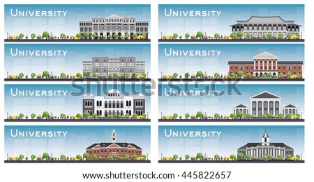 Set of university study banners. Vector illustration. Students go to the main building. Skyline with blue sky and green tree. Banner with copy space.