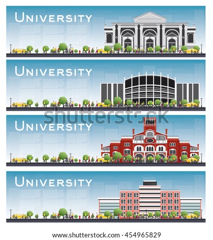 Set of university study banners. Vector illustration. Students go to the main building of university. Skyline with blue sky and green tree. Banner with copy space.