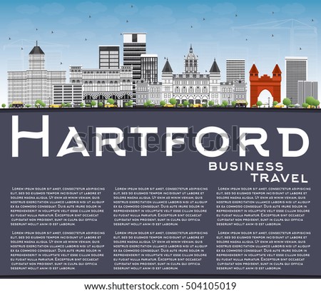 Hartford Skyline with Gray Buildings, Blue Sky and Copy Space. Vector Illustration. Business Travel and Tourism Concept with Historic Architecture. Image for Presentation Banner Placard and Web Site.