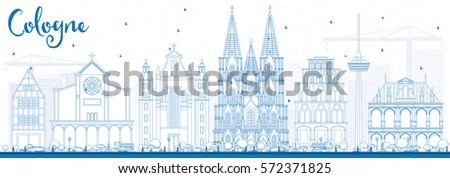 Outline Cologne Skyline with Blue Buildings. Vector Illustration. Business Travel and Tourism Concept with Historic Architecture. Image for Presentation Banner Placard and Web Site.