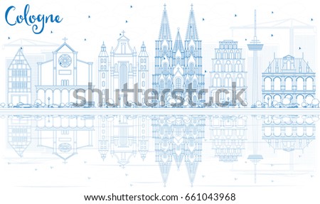 Outline Cologne Skyline with Blue Buildings and Reflections. Vector Illustration. Business Travel and Tourism Concept with Historic Architecture. Image for Presentation Banner Placard and Web Site.