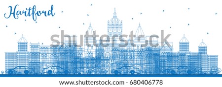 Outline Hartford Skyline with Blue Buildings. Vector Illustration. Business Travel and Tourism Concept with Historic Architecture. Image for Presentation Banner Placard and Web Site.