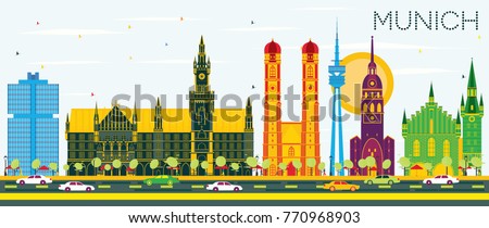 Munich Germany Skyline with Color Buildings and Blue Sky. Vector Illustration. Business Travel and Tourism Concept with Historic Architecture. Munich Cityscape with Landmarks.