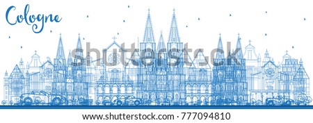 Outline Cologne Germany City Skyline with Blue Buildings. Vector Illustration. Business Travel and Tourism Concept with Historic Architecture. Cologne Cityscape with Landmarks.