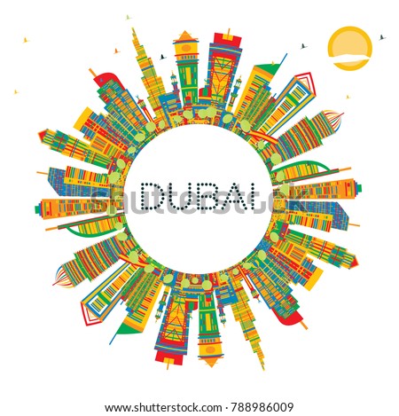 Dubai UAE City Skyline with Color Buildings and Copy Space. Vector Illustration. Business Travel and Tourism Illustration with Modern Architecture. Dubai Cityscape with Landmarks.