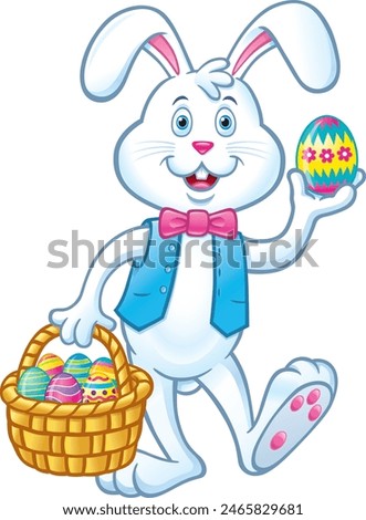 White cartoon Easter bunny with pink bow tie and blue vest holding an Easter basket filled with colored egss while holding up another.