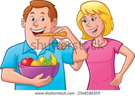 Happy and smiling middle aged man eating a carrot and holding a big bowl of fruit with his smiling wife looking on with her hand on his shoulder.