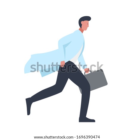 Vector illustration of a character of a male doctor in a medical gown running with a briefcase in his hand. It represents a concept of doctors work, medical protection and health safety