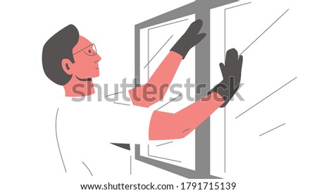 Worker installing a window. Vector illustration of a male constructor in glasses and gloves fixing, replacing or installing new window in the house