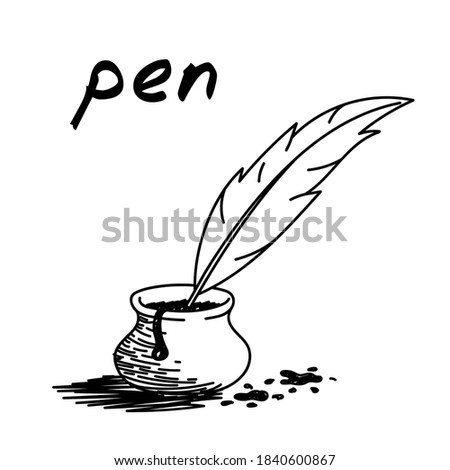 Feather quill pen handdrawn illustration. Cartoon vector clip art of a goose-quill pen in glass ink bottle. Black and white sketch with concept of writing instruments, signature of document