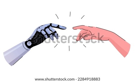 Vector illustration depicting human and robot hands reaching for each other. The robot and the person extend their hands to each other. Collaboration between humans and robots. Modern technologies.