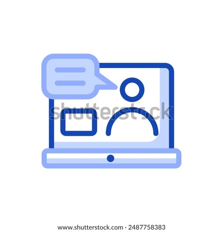 Vector icon of a laptop where a lesson is conducted via video conference. The icon represents online education and can be used on educational sites, platforms, online learning resources