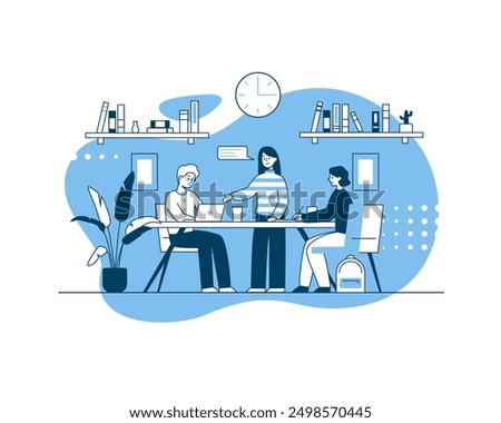 Vector illustration of classmates preparing for a school project in a classroom or library. Students discuss a school assignment while writing down thoughts and ideas on a laptop and in a notebook.