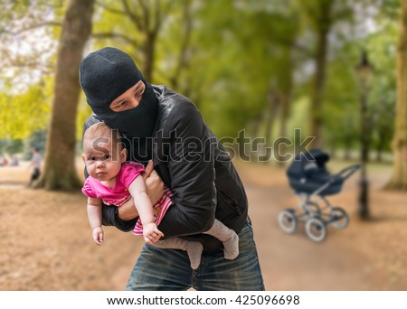 Thief is stealing kidnapped baby from stroller in park. Children kidnapping concept. Foto d'archivio © 