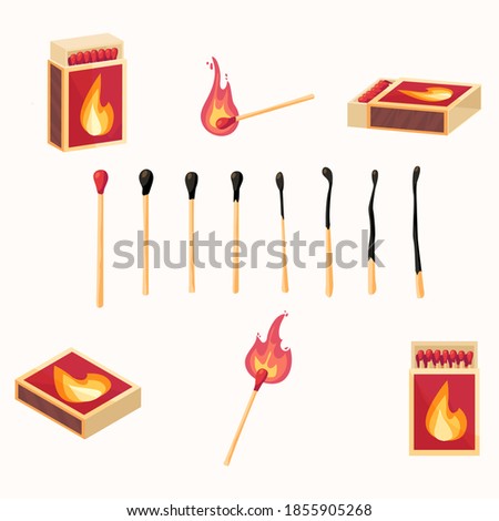 Vector cartoon illustration set of  matches.Burning match with fire, burnt matchstick, opened match box.  isolated.