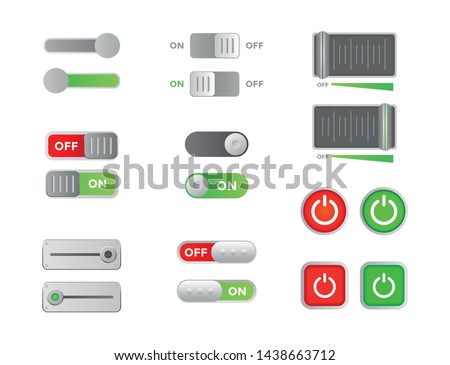 set of on - off button, control switch and slider, for household appliances, vector illustration