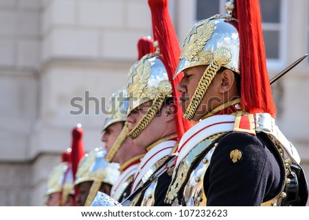 LONDON - APRIL 20: Members of the Household Cavalry on duty at Horse Guards building during the Changing of the Guard in London on April 20, 2012. The Cavalry are the lifeguards of Queen Elizabeth II