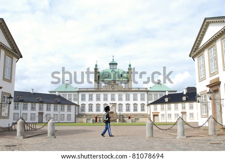 Guard in front of royal palace Fredensborg Denmark. The guards of the Danish royal family are also called Kongelige Livgarde