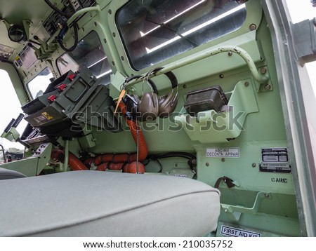 ALMERE, NETHERLANDS - 23 APRIL 2014: Inside the fron of a Dutch military  vehicle on display during the National Army Day in Almere