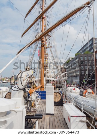 AMSTERDAM - 21 AUGUST 2015: Aboard Portuguese tall ship Sagres in the port of Amsterdam during nautical event Sail 2015. Sail is held every five years and attracts two million visitors