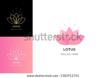 Lotus flower logo. Vector design template of lotus icons on dark and pink background in flat and outline style with golden effect for eco, beauty, spa, yoga, medical companies.