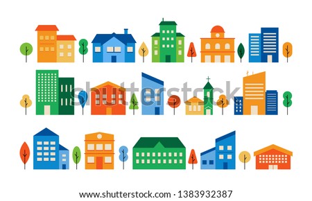 Colorful house exterior vector flat illustration. Residential town building set. Modern houses front view, townhouse building apartment, home facade with doors and windows.