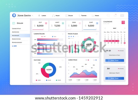 Infographic dashboard template. Modern admin panel ui interface with flat design graphs, charts and diagrams. Vector analytical report information graphics elements