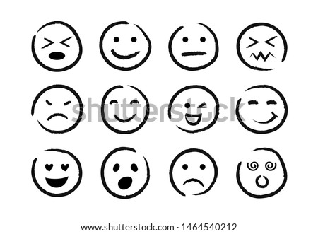 Hand drawn ink emoji faces. Doodle emoticons sketch, ink brush icons of happy sad face, vector illustration
