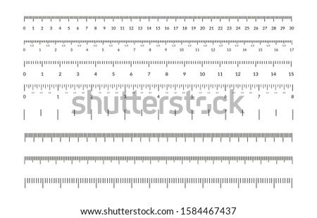 Measuring tape scale set. Vector measurable yardstick measures length height meter precision tools centimeter millimeters calibration. Measurements scales design template Stok fotoğraf © 