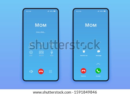 Call screen interface gui design. Vector smartphone incoming outcoming phone call design template. Flat mobile app page layout isolated on gradient background