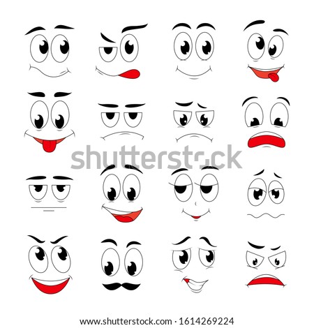 Cartoon cute faces. Funny exhausted sad angry happy expressions. Vector Caricature emotions, face elements with eyes and mouths, modern characters set