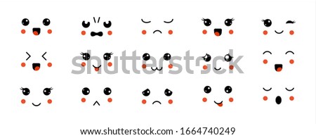 Cute kawaii face set. Funny cartoon eyes and mouths manga style japanese emoticon anime character expression. Vector illustration isolated on white background