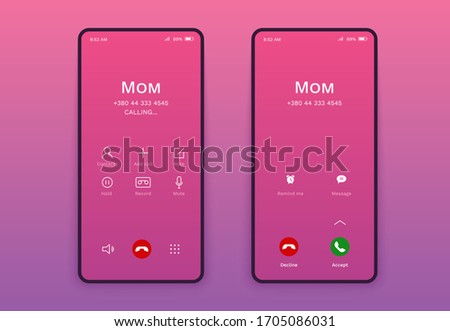 Call screen gui interface. Smartphone incoming outcoming call template, flat mobile app page isolated purple gradient background for application. Flat design vector illustration