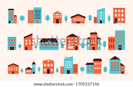 House building city landscape. Neighborhood town house facade exterior flat design. Colorful townhouse building apartment set front view isolated on pastel background. Vector illustration