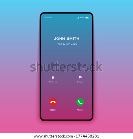 Smartphone call screen mockup. Mobile phone interface screen incoming call accept decline button. Vector illustration.