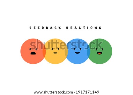 Feedback emoji reactions. Round colorful emotions, cartoon emoticons happy sad laughing smiley faces. Vector illustration