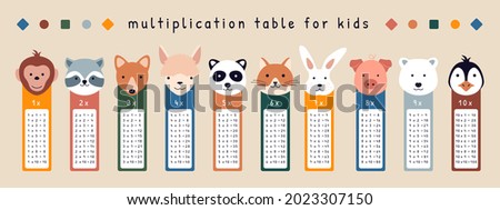 Animal multiplication table for kids. Childish funny cartoon stickers children class education, printable bookmarks. Vector