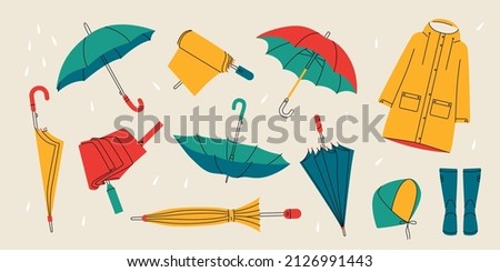 Abstract umbrellas raincoat rain boots. Hand drawn cartoon open, folded parasol, accessory for rainy days. Vector design