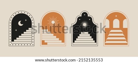 Minimal linear doors staircases. Boho mystic line tattoo logo signs, bohemian window frames steps. Vector esoteric set