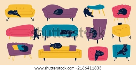 Cats on sofas and chairs. Cartoon funny pet animals on couch armchairs. Sleeping cats sofa, stools. Vector furniture set